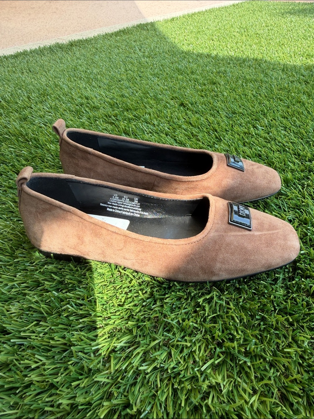 DKNY Suede Square-Toe Flats in Taupe Brown with Metal Accent